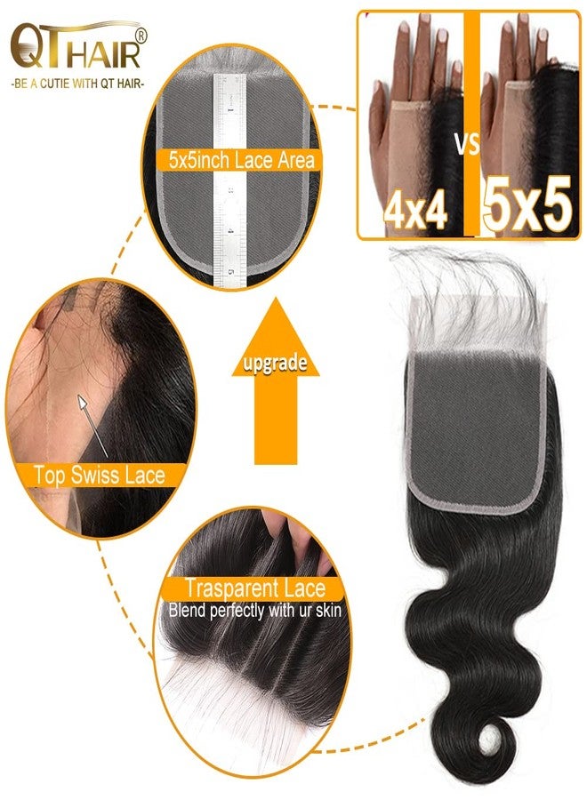 QTHAIR 18A 5x5 Body Wave HD Closure Human Hair Transparent Lace Closure 14inch Top Swiss Lace Closure Brazilian Virgin Hair Body Wave 150% Density Pre Plucked Natural Hairline Baby Hair - Image 2